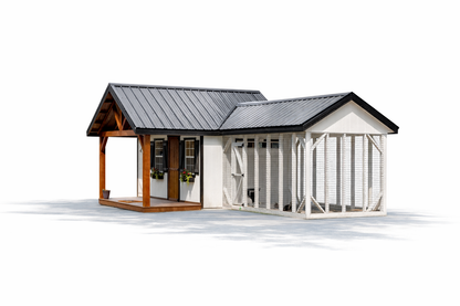 Angled view of premium farmhouse chicken coop with black metal roof, wood porch, and attached chicken runs on white background