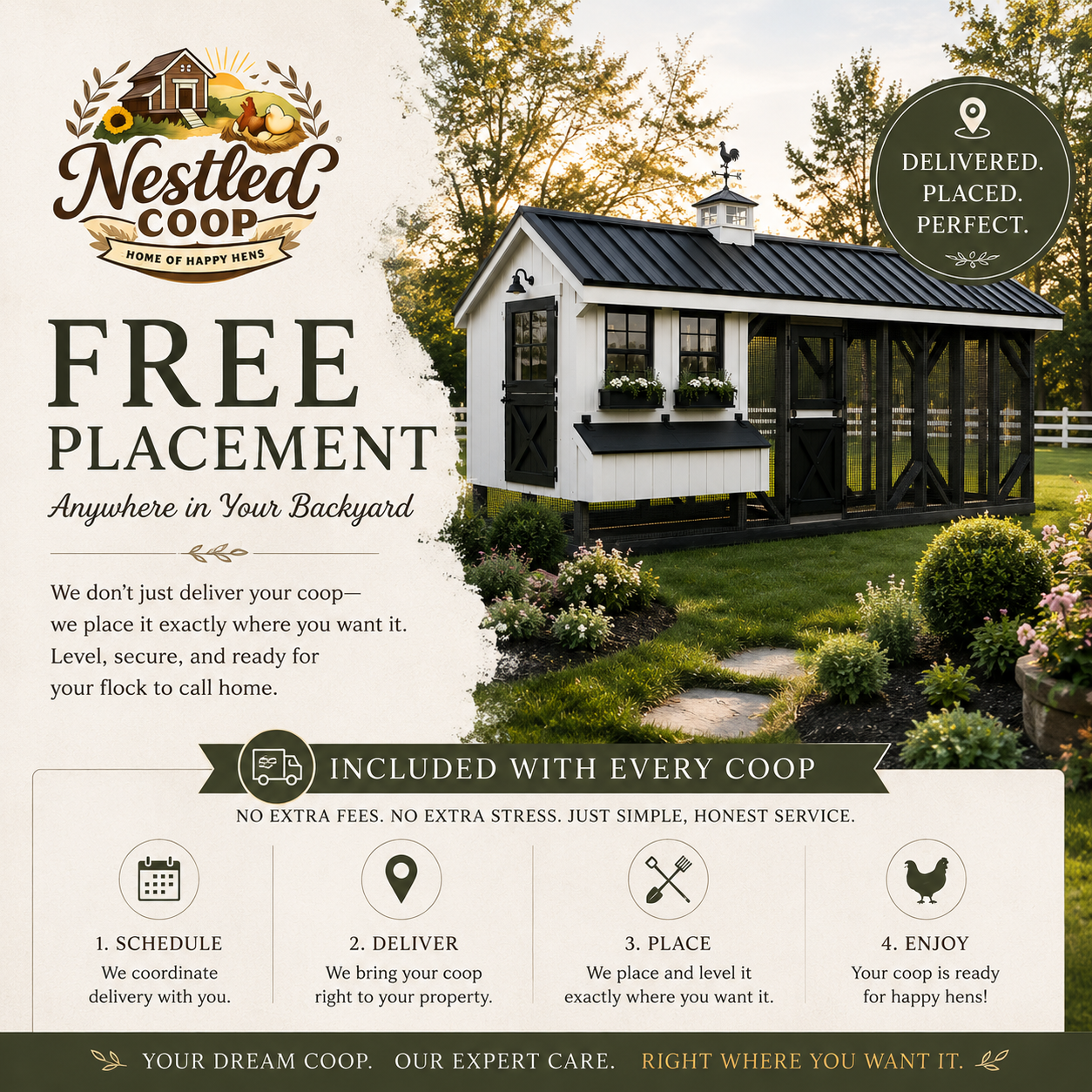 Free placement graphic for custom chicken coop delivery showing backyard placement included anywhere the customer wants.
