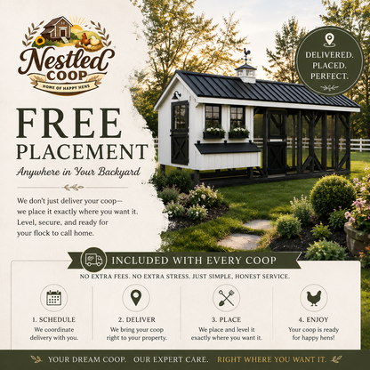 Free placement graphic for custom chicken coop delivery showing backyard placement included anywhere the customer wants.