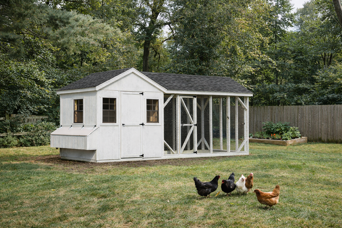 A818CRG 8x8 chicken coop with 8x10 run installed in Midwest backyard with grass fence and chickens

