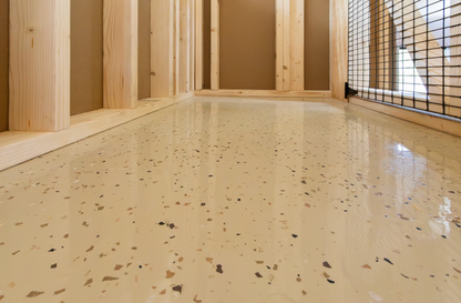 Close up of epoxy floor interior of the chicken coop 