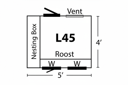 L45 chicken coop floor plan showing nesting box, roost area, vents, windows, and overall dimensions