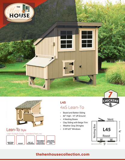 L45 4x5 lean-to chicken coop shown in a backyard setting with product features, specifications, and branding