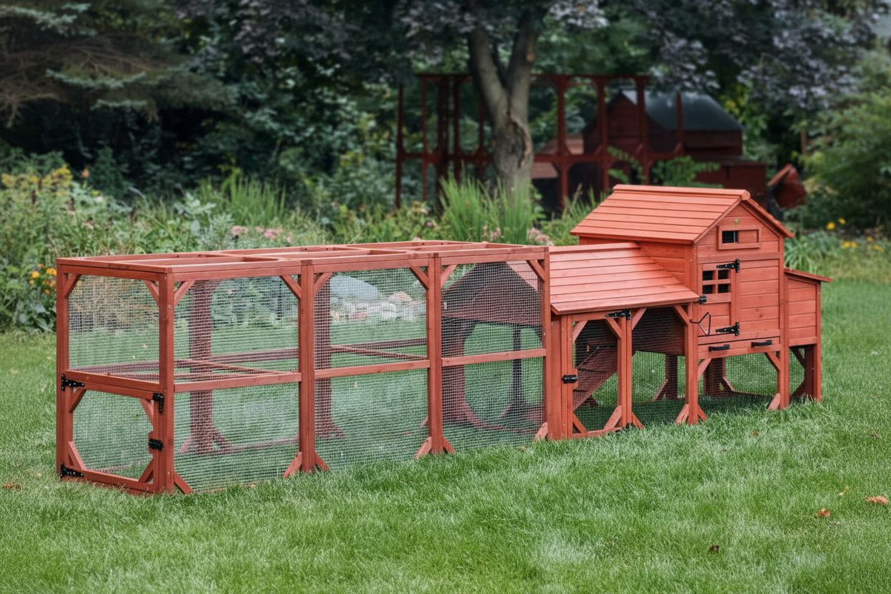 Leghorn Cottage backyard chicken coop kit fully assembled outdoors showing complete hen house and run extension setup on grass