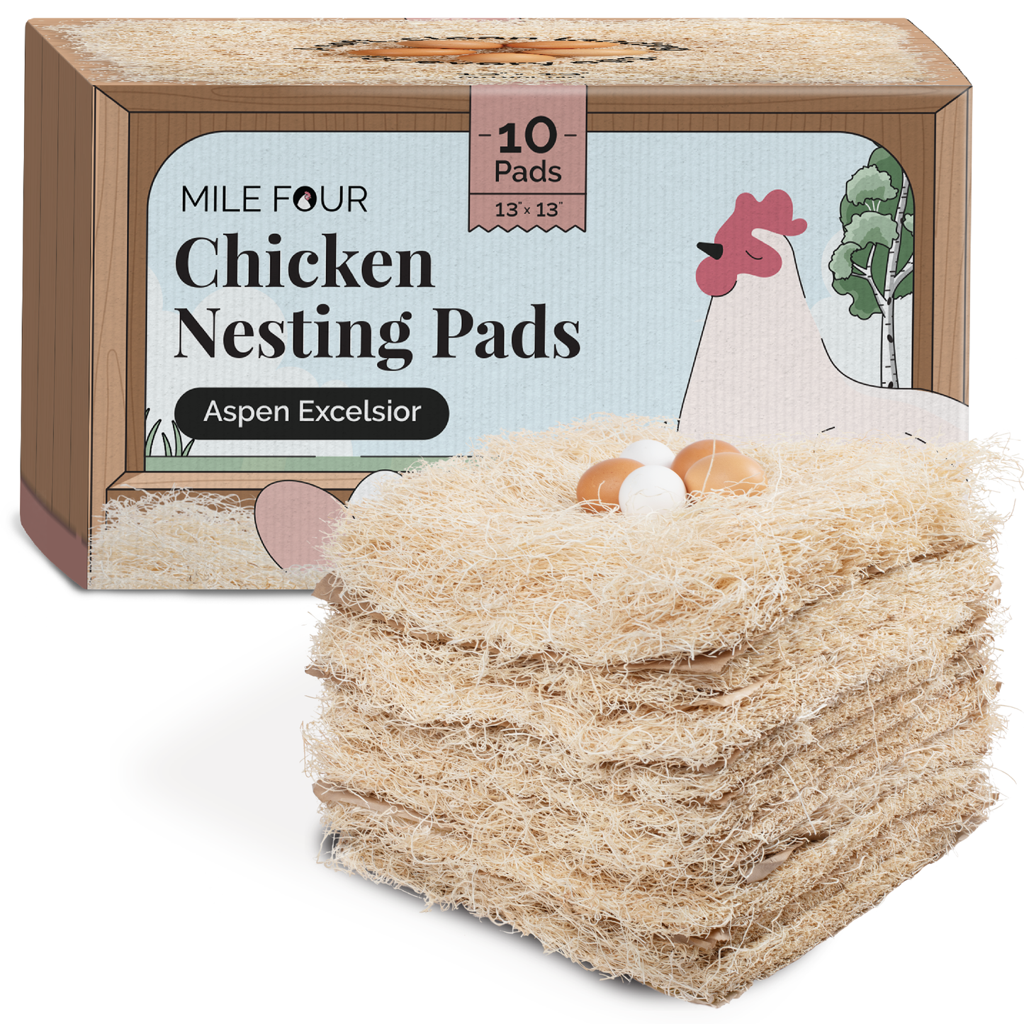 Mile Four aspen chicken nesting pads stacked in front of packaging box with eggs on top
