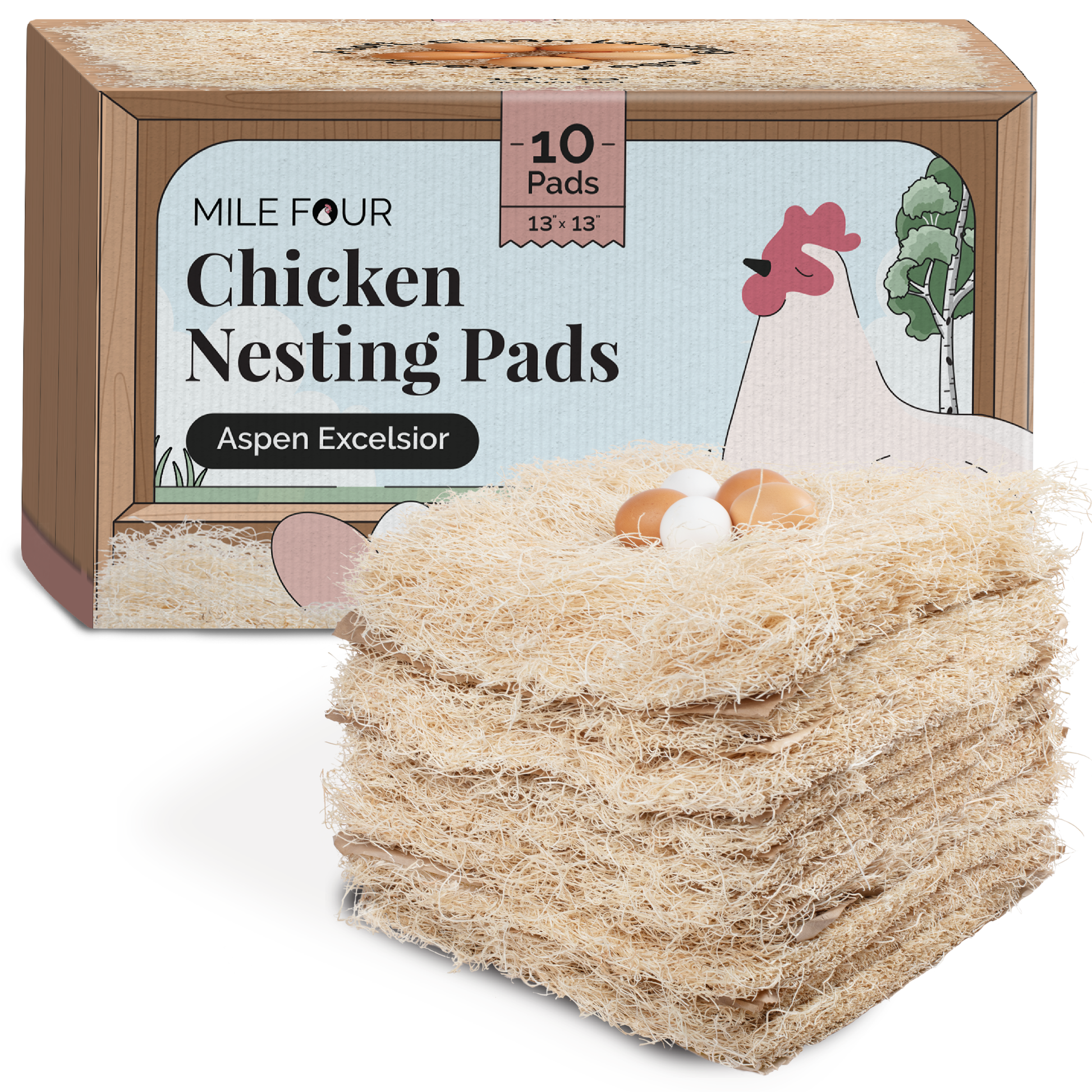 Mile Four aspen chicken nesting pads stacked in front of packaging box with eggs on top