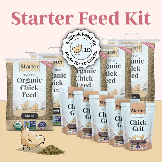 Mile Four organic starter feed kit showing multiple bags of chick feed and chick grit