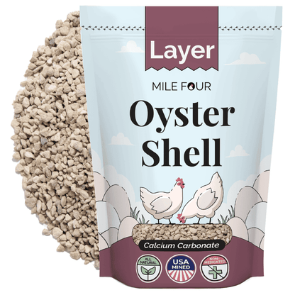Mile Four oyster shell calcium supplement bag with crushed oyster shell beside packaging