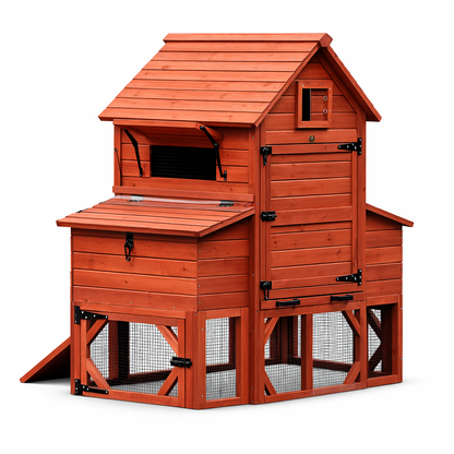 Orpington Lodge chicken coop for 6 chickens full product view showing two-story raised hen house with shingled roof, locking vent windows, and wire mesh run on white background