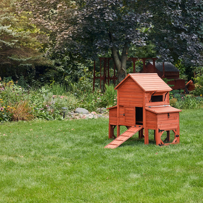 Orpington Lodge small flock chicken coop fully assembled in a lush garden setting showing warm cedar wood finish and complete enclosed run