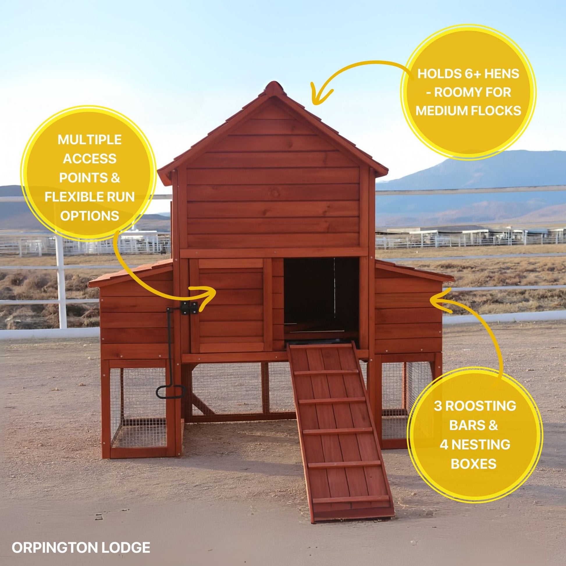 Orpington Lodge chicken coop product graphic with feature callout badges highlighting key construction details and specifications