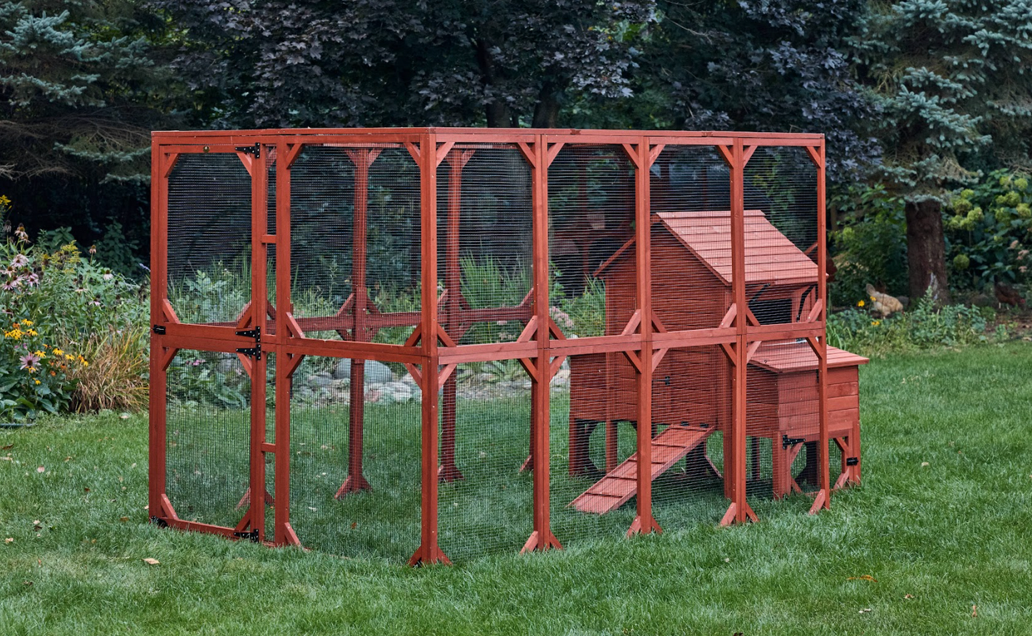  Wide angle view of Orpington Lodge chicken coop for 6 chickens assembled in a backyard setting showing full kit footprint and run extension