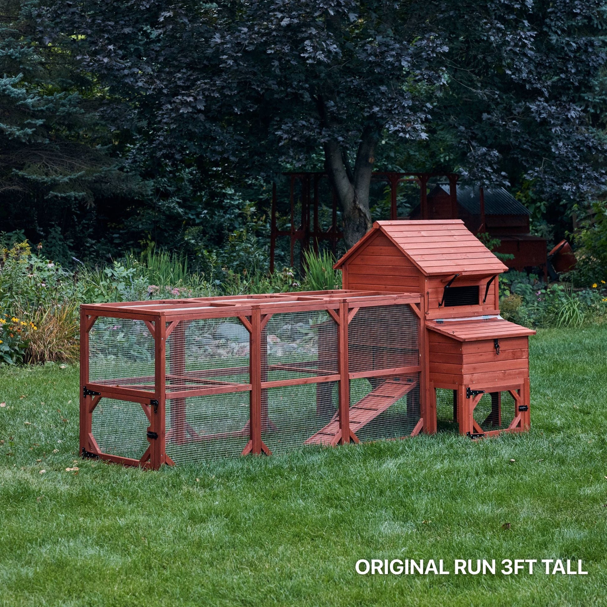Orpington Lodge chicken coop kit assembled in a wooded backyard setting showing real-world placement with full hen house and run extension