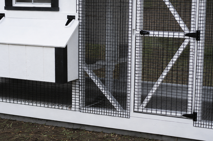 Close-up of predator-proof hardware cloth wire mesh on chicken coop run