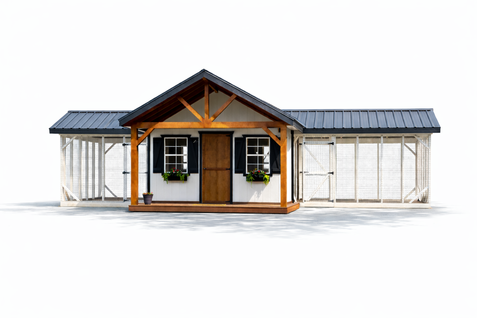 Premium black and white farmhouse chicken coop with black metal roof and attached outdoor runs on white background