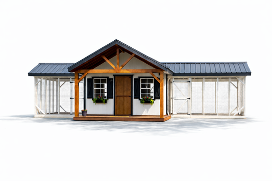 Premium black and white farmhouse chicken coop with black metal roof and attached outdoor runs on white background