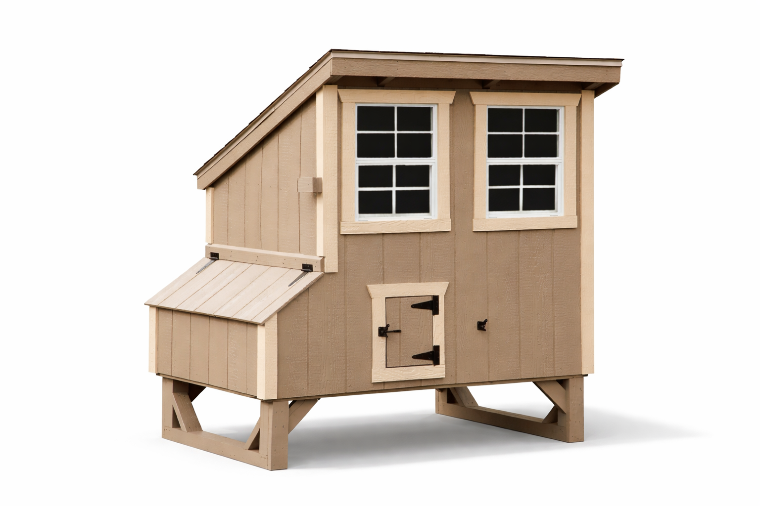 Premium wooden chicken coop elevated on legs, shown from the front on a white background with natural shadows