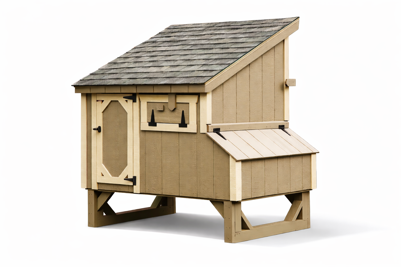 Premium wooden chicken coop with nesting box and access door, shown from the rear on a white background with natural shadows