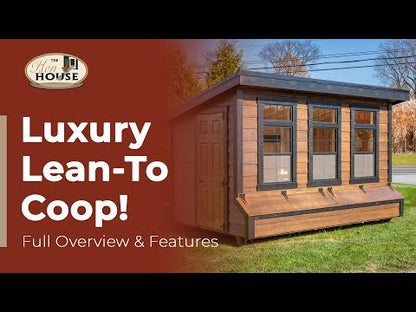 A full video walkaround of the 7x8 Amish-built Lean-To chicken coop, showcasing the white LP siding, charcoal trim, slanted roofline, and spacious interior layout.