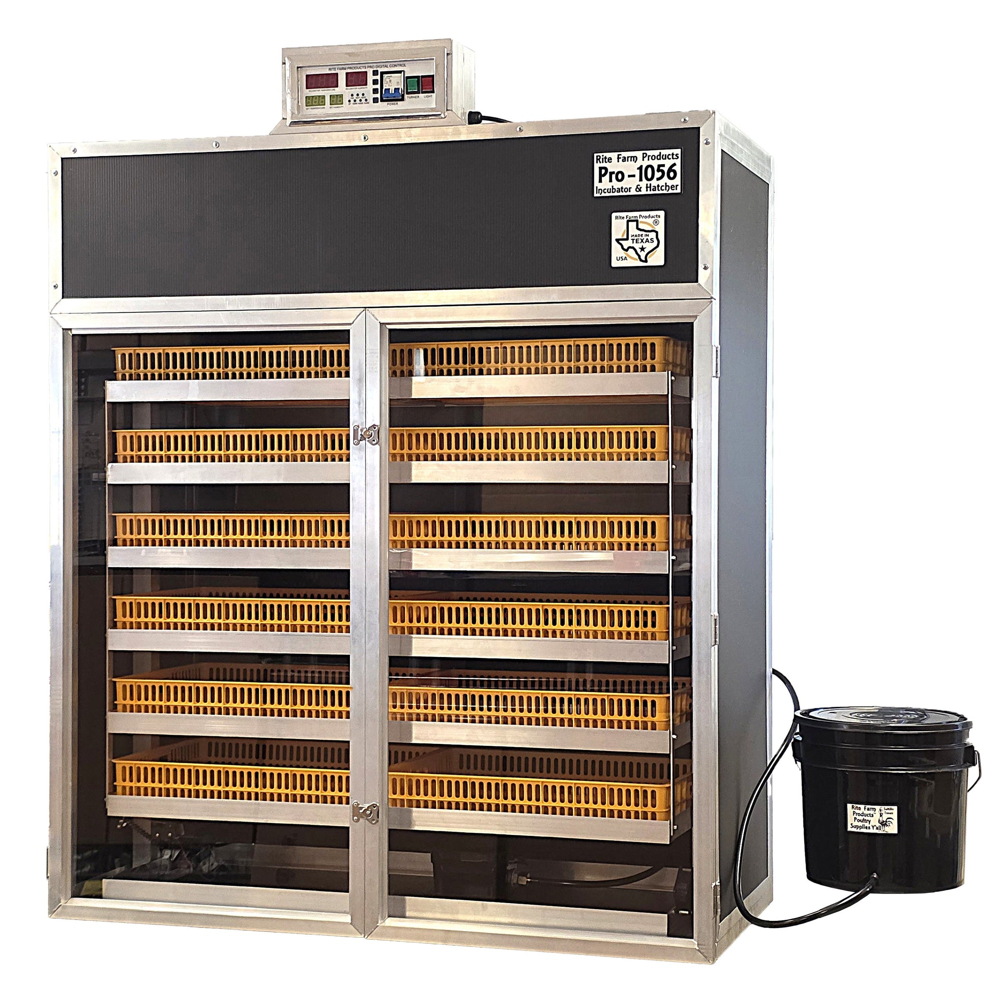 Commercial grade PRO1056 cabinet egg incubator made in Texas with heavy duty welded aluminum frame and large viewing windows