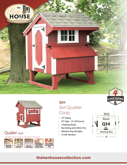 Sales sheet for the Q34 3x4 Quaker Coop from The Hen House Collection, featuring a photo of the red and white coop with asphalt shingles, a list of features including LP siding, 4 nesting boxes, and a 4-chicken capacity, alongside a floor plan diagram and a list of standard features like nesting boxes, a roost, LP flooring, Tech Shield roofing, and a gas prop lid.