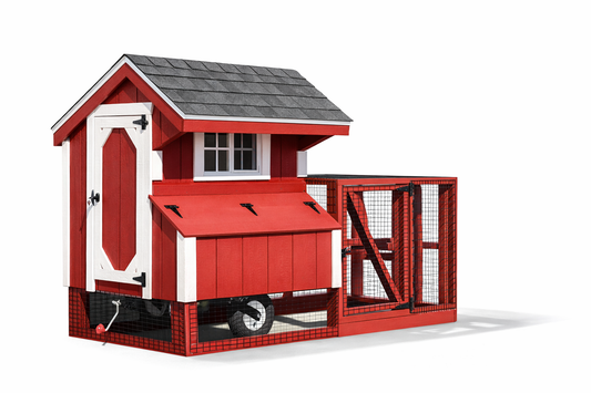 Red LP SmartSide chicken coop with white trim and attached run on a white background