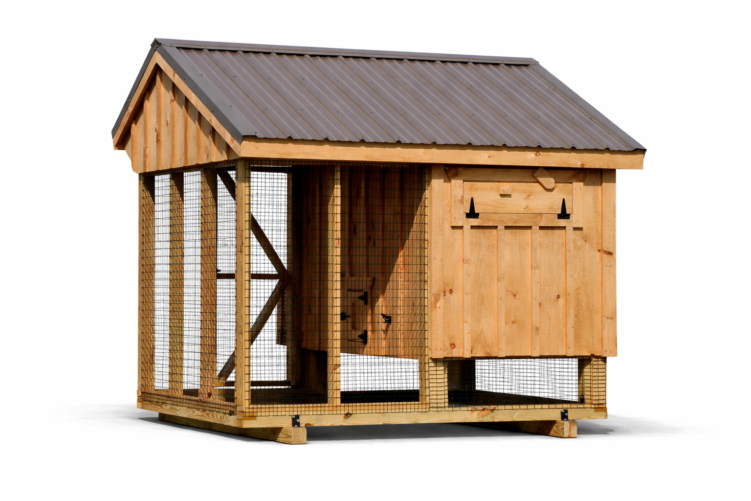 Back view of the Q48C 4x8 Quaker combination chicken coop showing solid wood construction, access door, and integrated wire run