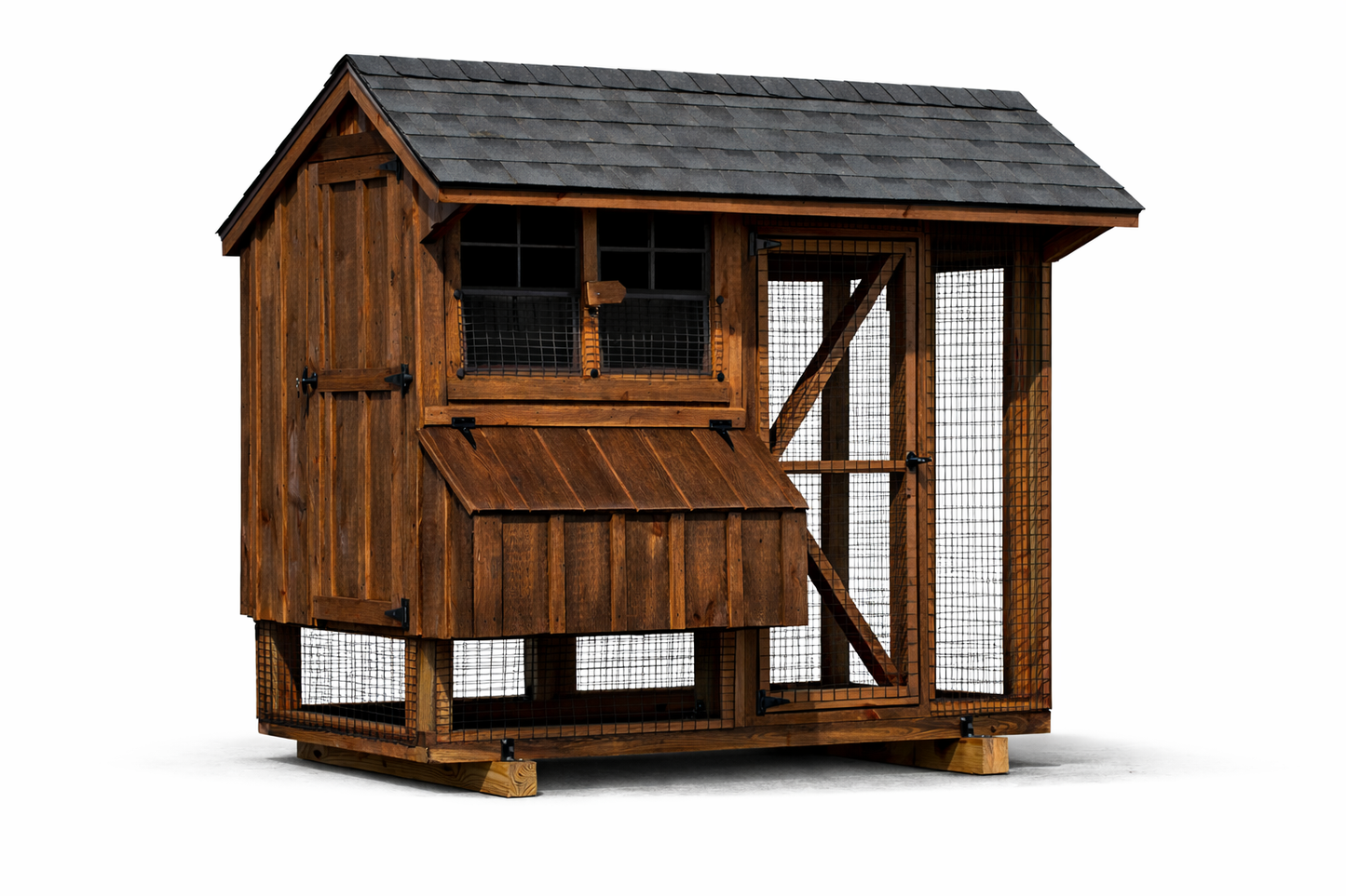 Front view of the Q48C 4x8 Quaker combination chicken coop finished in brown cedar stain, showing nesting box, windows, and enclosed wire run