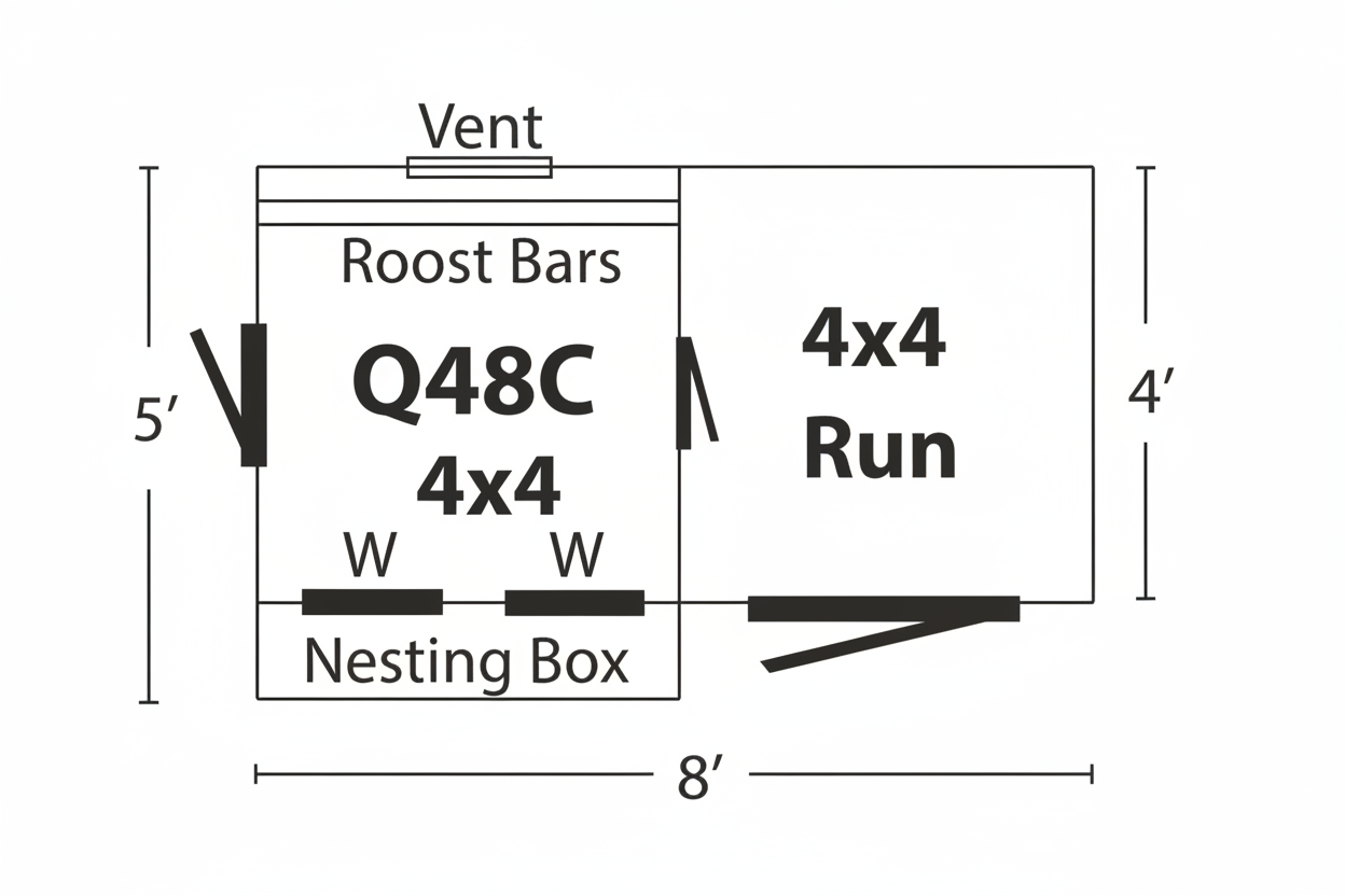 Floor plan diagram of the Q48C 4x8 Quaker combination chicken coop showing 4x4 coop area, 4x4 enclosed run, nesting box, roost bars, ventilation, windows, and overall dimensions