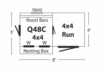 Floor plan diagram of the Q48C 4x8 Quaker combination chicken coop showing 4x4 coop area, 4x4 enclosed run, nesting box, roost bars, ventilation, windows, and overall dimensions