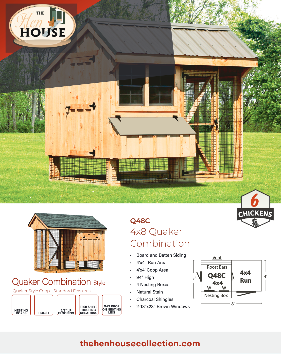 Floor plan diagram of the Q48C 4x8 Quaker combination chicken coop showing coop area, enclosed run, nesting box, roost bars, ventilation, and dimensions
