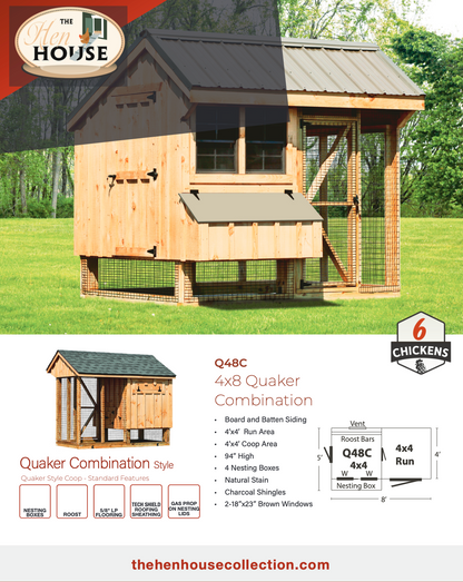 Floor plan diagram of the Q48C 4x8 Quaker combination chicken coop showing coop area, enclosed run, nesting box, roost bars, ventilation, and dimensions
