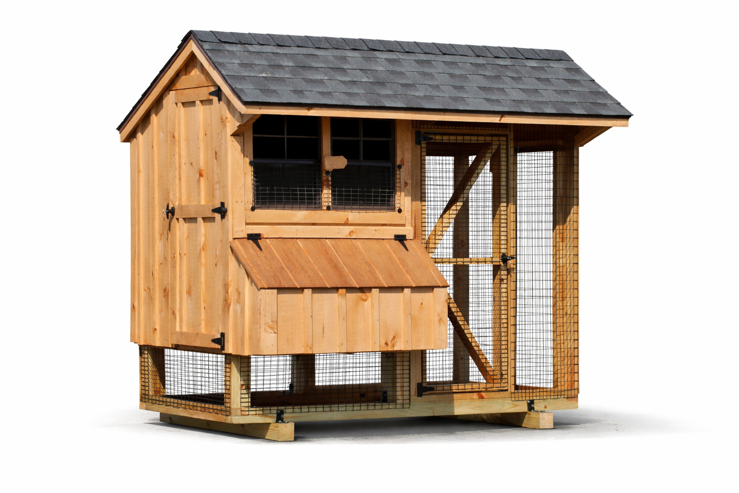 Front view of the Q48C 4x8 Quaker combination chicken coop with natural wood siding, nesting box, windows, and attached wire run