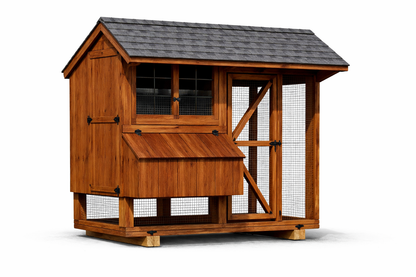 Front view of the Q48C 4x8 Quaker combination chicken coop finished in rustic cedar stain, showing nesting box, windows, and enclosed wire run
