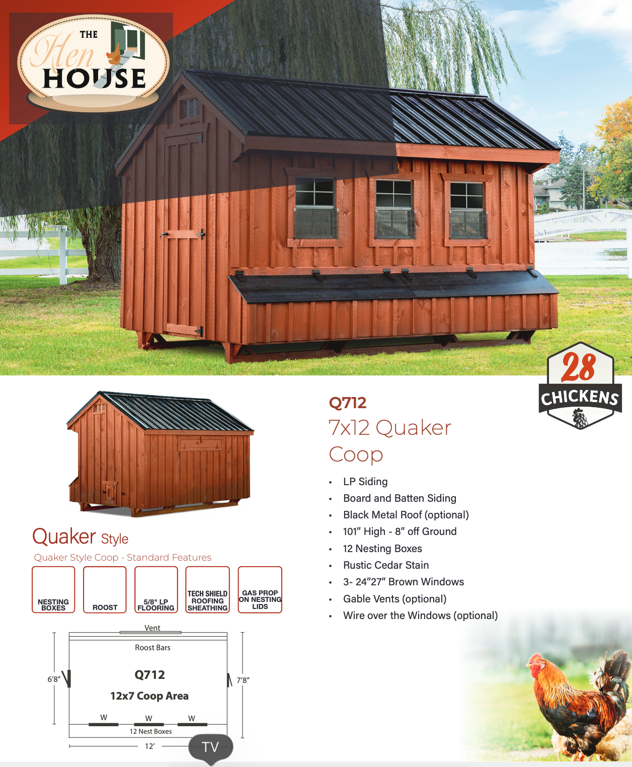 Feature overview graphic of the Amish-built Q712 7×12 Quaker chicken coop showing siding, roof options, nesting boxes, windows, and overall design