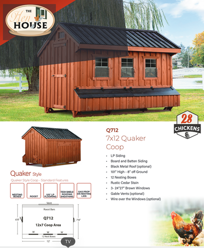 Feature overview graphic of the Amish-built Q712 7×12 Quaker chicken coop showing siding, roof options, nesting boxes, windows, and overall design
