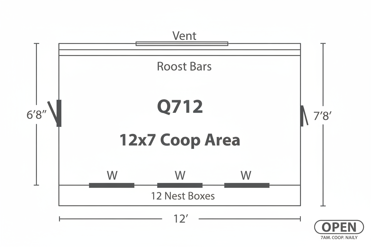 Floor plan diagram of the Amish-built Q712 7×12 Quaker chicken coop showing roost bar placement, nesting boxes, ventilation, and interior dimensions