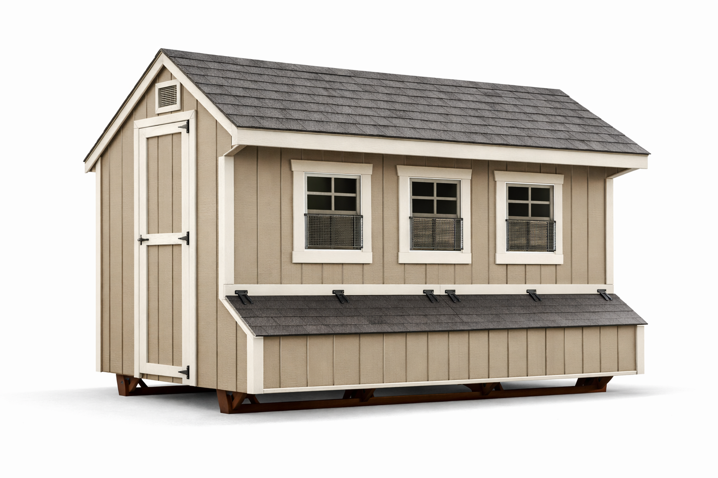 Clay Amish-built 7×12 Quaker chicken coop with board-and-batten siding and exterior nest boxes