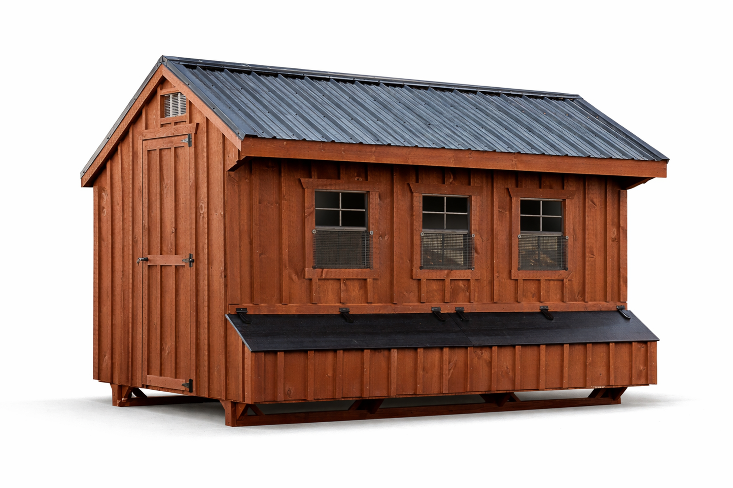 Front view of Amish-built Q712 Quaker chicken coop in cedar stain with optional metal roof