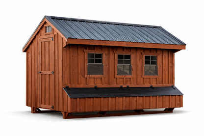 Front view of Amish-built Q712 Quaker chicken coop in cedar stain with optional metal roof