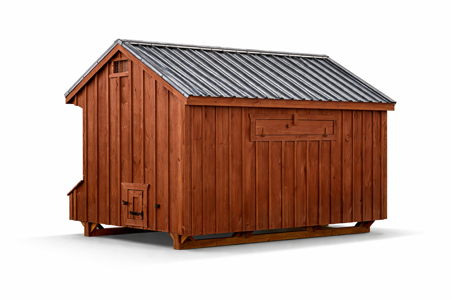 Rear view of Amish-built Q712 Quaker chicken coop in cedar stain with optional metal roof