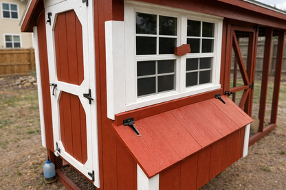 Close-up of red and white chicken coop showing window trim, nesting box lid, black hardware hinges, and textured wood siding.