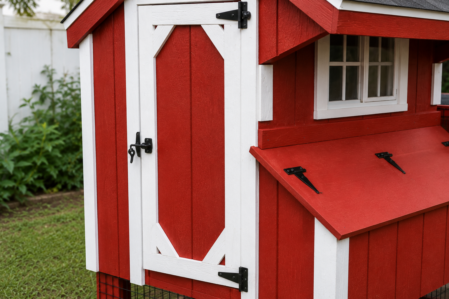 Close-up of the side access door on a red and white wooden chicken coop with black hinges and latch hardware.