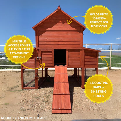 Rhode Island Homestead chicken coop product graphic with feature callout badges highlighting key construction details and included components