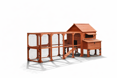 Rhode Island Homestead chicken coop kit with full run extension showing complete assembled structure with raised hen house and attached enclosed run