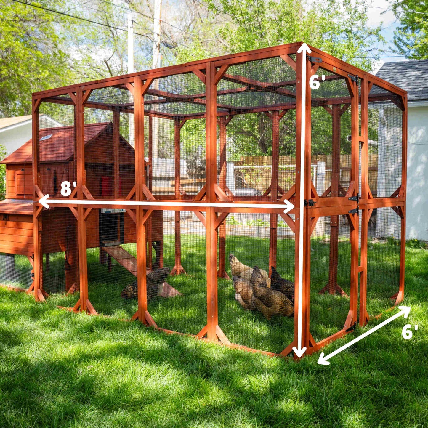 Rhode Island Homestead chicken coop run extension dimensions showing Original Run at 39.5 inches wide by 50.5 inches tall by 101 inches long, Walk-In Run at 39.5 inches wide by 71.75 inches tall by 101 inches long, and XL Brahma Walk-In Run at 74.5 inches wide by 71.75 inches tall by 101 inches long