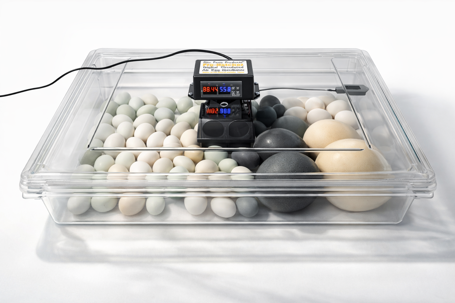 Rite Farm clear digital circulated air egg incubator filled with chicken eggs and temperature humidity display