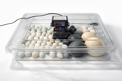 Rite Farm clear digital circulated air egg incubator filled with chicken eggs and temperature humidity display