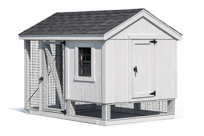 White chicken coop with a gray roof on a white background