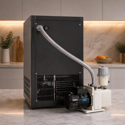 Back of the Stay Fresh Mega Freeze Dryer showing ventilation, vacuum hose and vacuum pump in a modern kitchen
